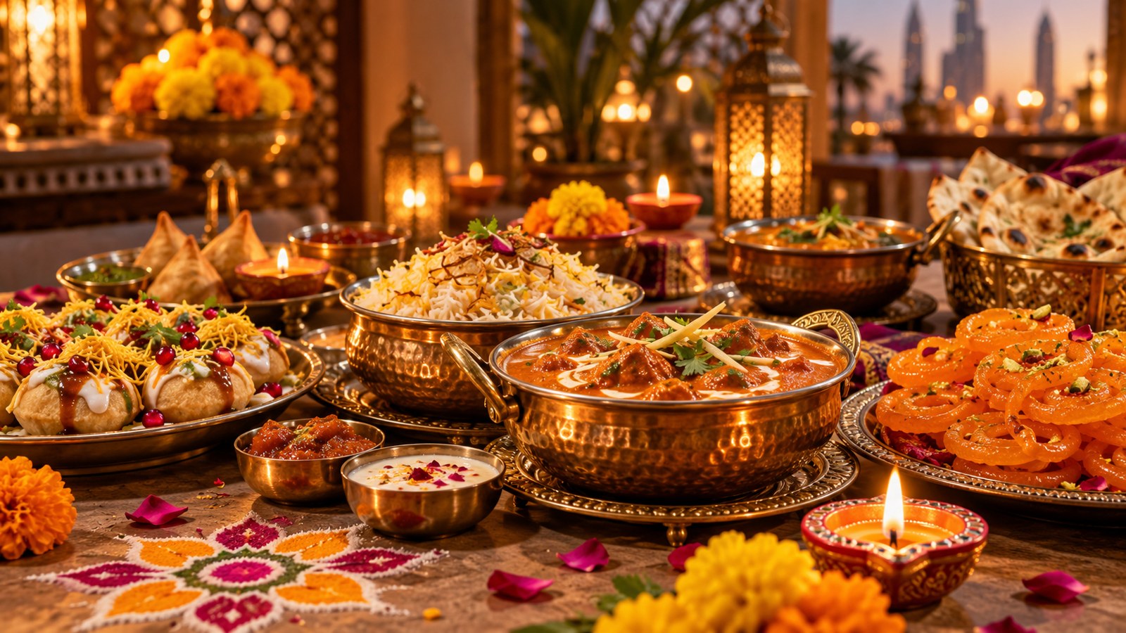 Festive Indian dishes and glowing diyas for Diwali, AI-generated editorial illustration