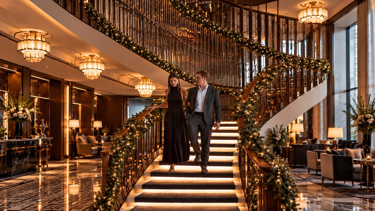 Illustrative adaptation of supplied festive evening staircase photo
