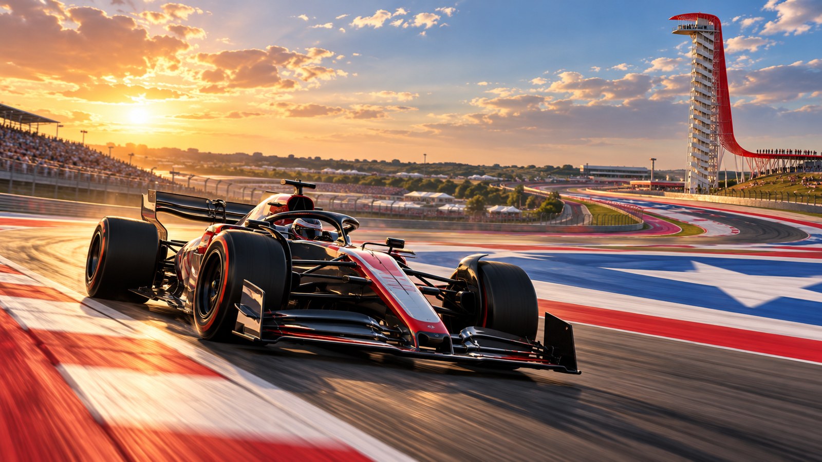 Illustration of an open-wheel racing car on a modern circuit