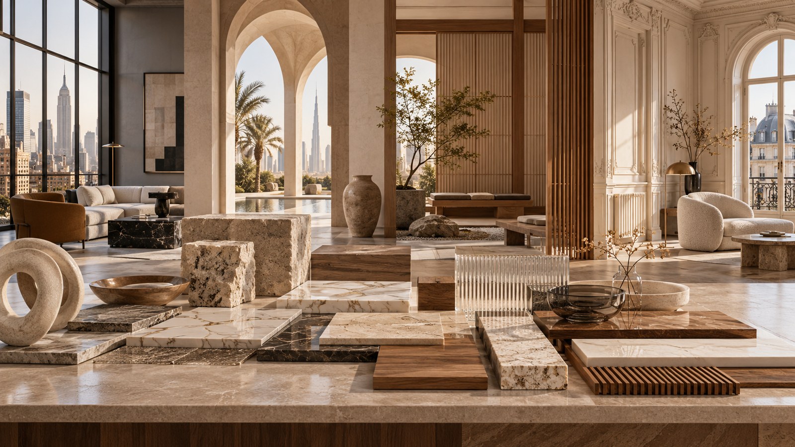 Conceptual interior design illustration with international architectural inspirations