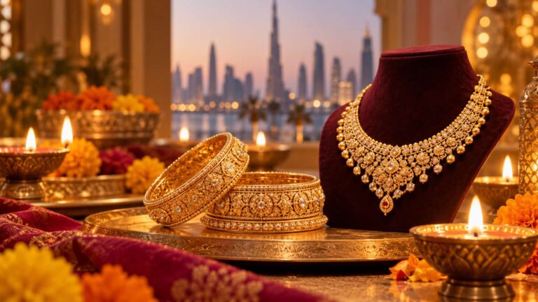 AI-generated editorial illustration for Dubai Jewellery Group announces Diwali Gold Rush 2026 with gold raffle draws