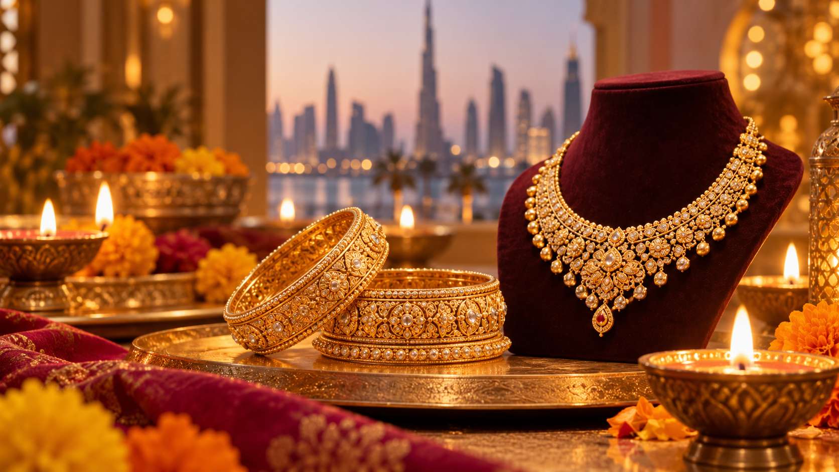 AI-generated editorial illustration for Dubai Jewellery Group announces Diwali Gold Rush 2026 with gold raffle draws