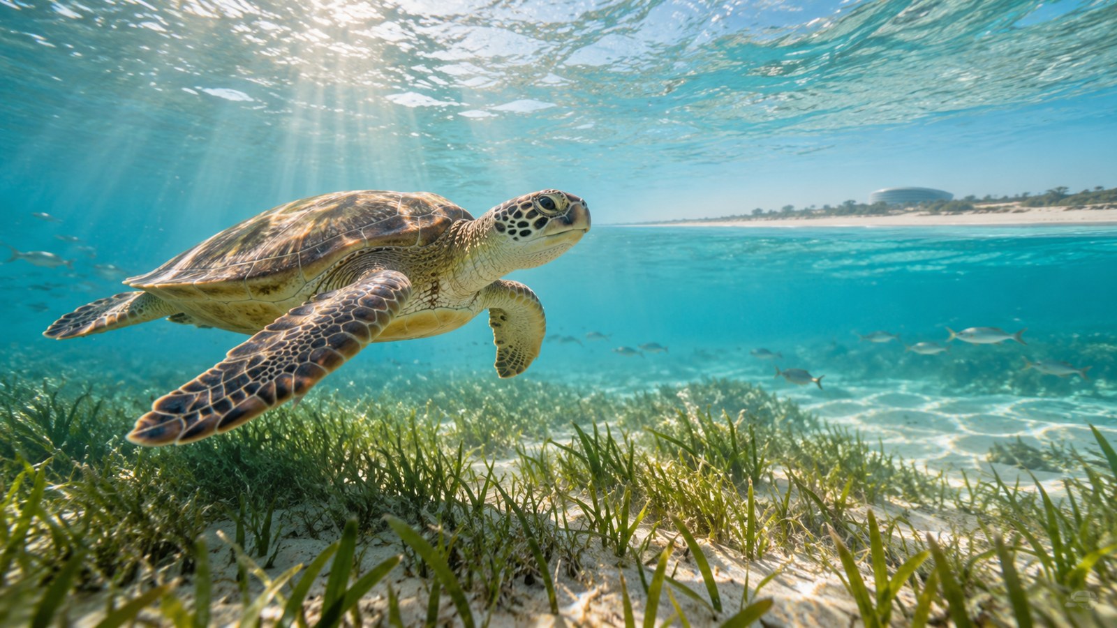 Sea turtle gliding above seagrass in clear coastal water, AI-generated editorial illustration