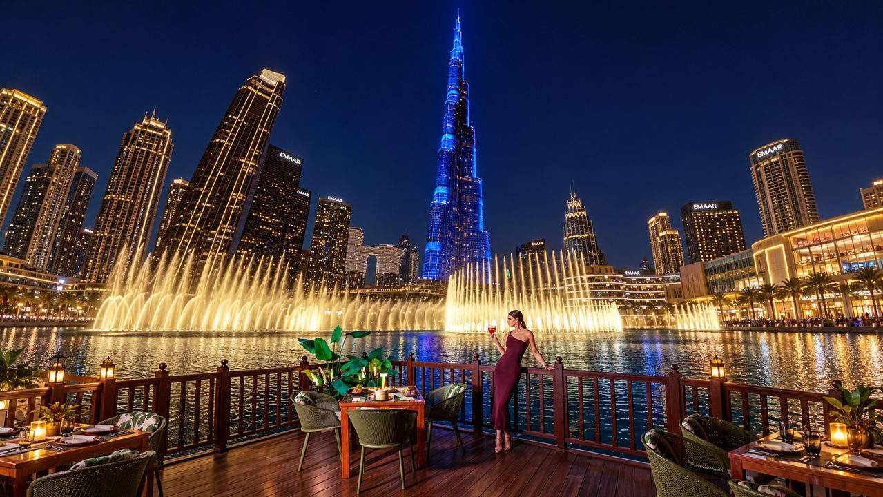 Illustrative adaptation of supplied Thiptara terrace photo overlooking Dubai Fountain